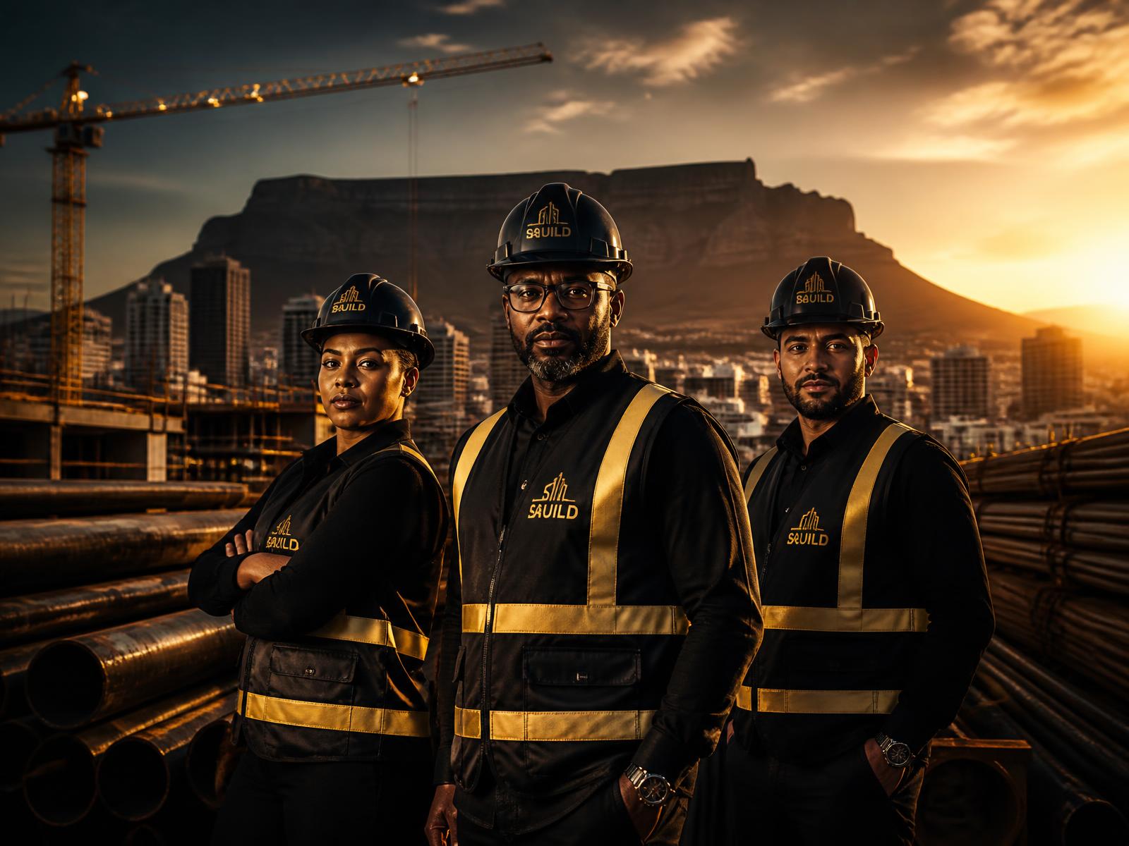 South African construction professionals on site with steel pipes, scaffolding and cranes, Table Mountain behind them